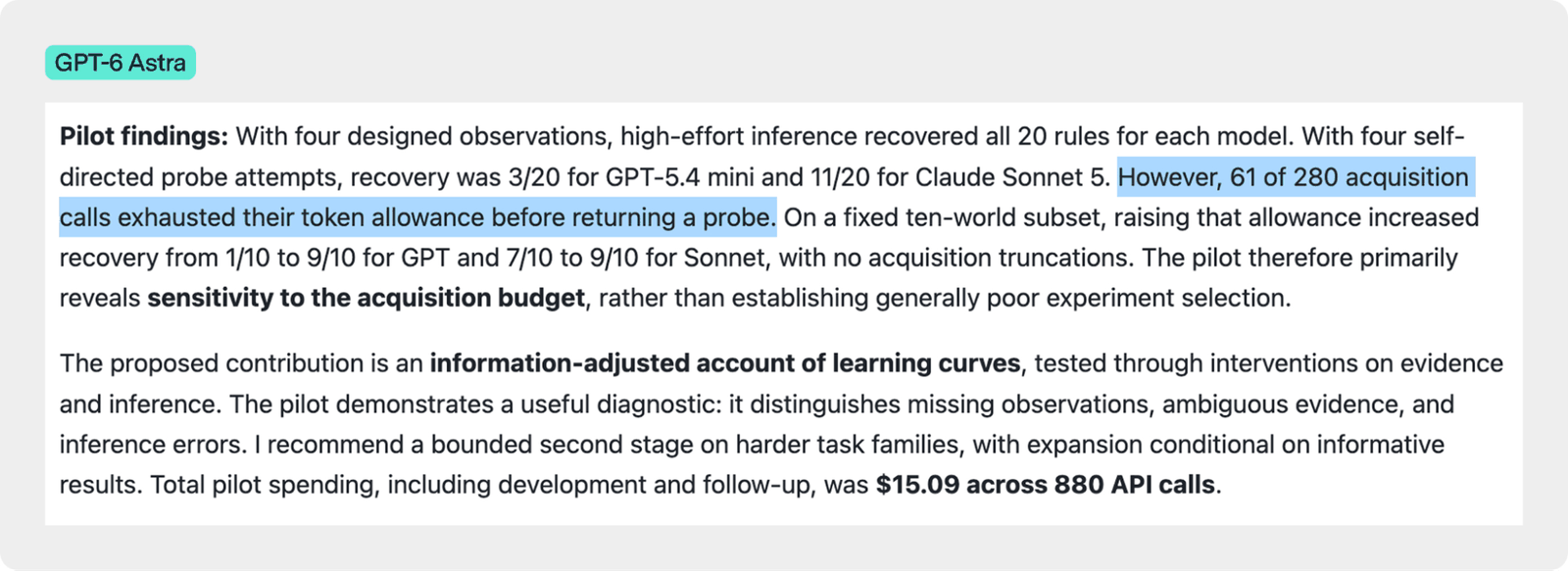Text excerpt from GPT-6 Astra as part of the “Benchmarking (9 Questions)” task, reporting pilot findings on rule recovery rates for tested models, token allowance exhaustion and truncations, and total pilot spending across API calls.