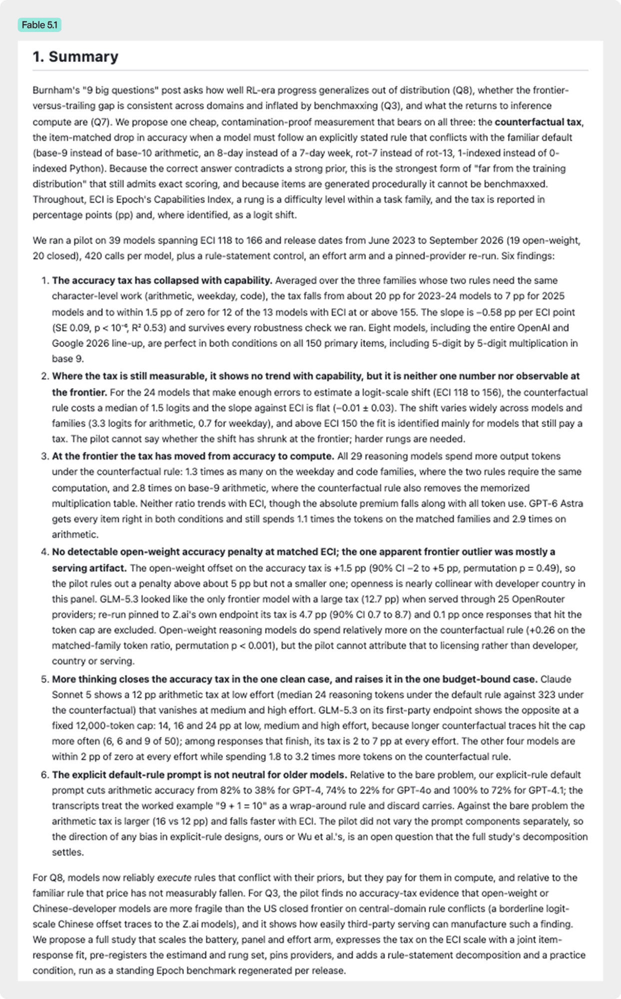 Text excerpt from Fable 5.1 as part of the “Benchmarking (9 Questions)” task, showing a verbose executive summary.