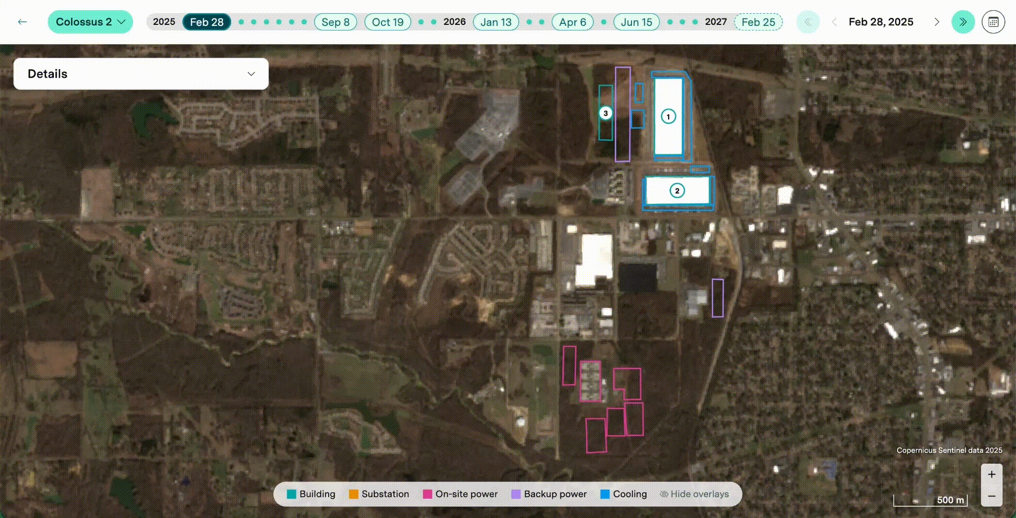 A timelapse of satellite imagery of the Colossus 2 site, progressing from early stage construction in February 2025 through 2026.